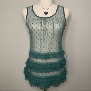 Y2k Teal Mesh fluffy layered polka dot Blouse size Small